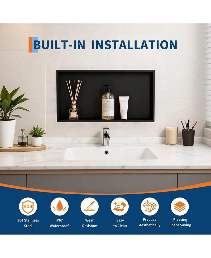 Homfan Modern Matte Black Stainless Steel Shower Niche - 24" x 12" Recessed Wall Shelf