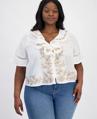 And Now This Trendy Plus Ruffled Embroidered Blouse, Macy's Exclusive