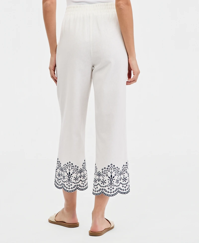Jones New York Women's Embroidered Cropped Linen-Blend Pull-On Pants