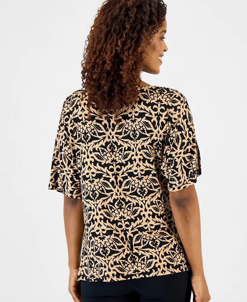 Jm Collection Petite Orchid Garden Cowl Neck Short-Sleeve Top, Macy's Exclusive