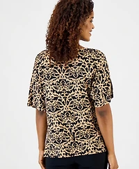 Jm Collection Petite Orchid Garden Cowl Neck Short-Sleeve Top, Macy's Exclusive