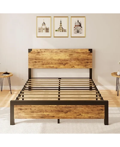 Gamon Rustic Brown Queen Size Platform Bed Frame with Wooden Headboard – Under-Bed Storage, No Box Spring Required, Easy Assembly