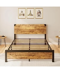 Gamon Rustic Brown Queen Size Platform Bed Frame with Wooden Headboard – Under-Bed Storage, No Box Spring Required, Easy Assembly