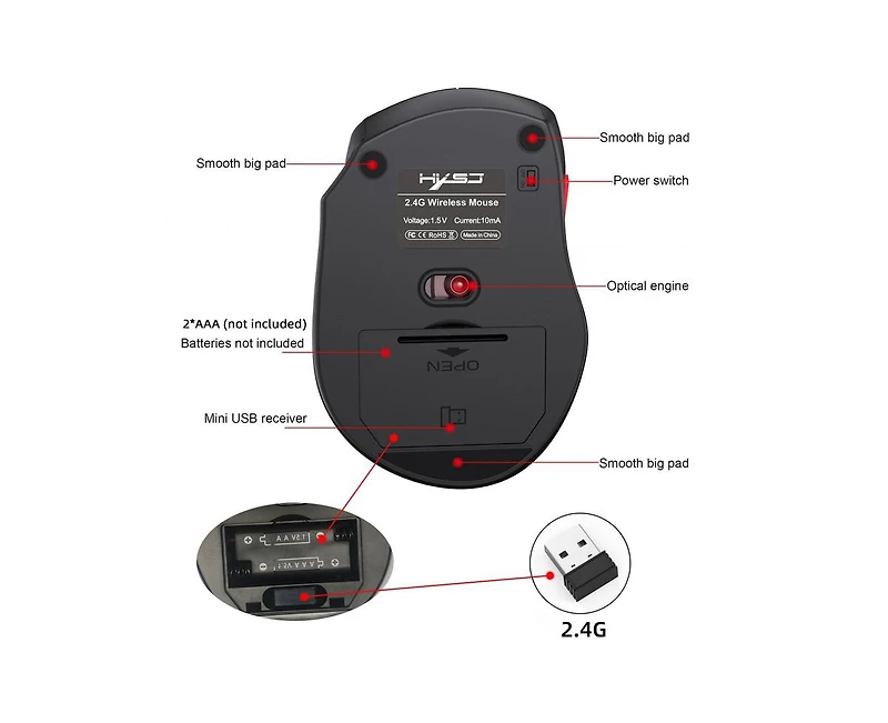 Risokeys 2.4G Wireless 6-Button Mouse: Ergonomic Grip, 3-Speed Dpi, for Office/Gaming