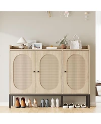 gaomon Freestanding shoe cabinet with 3 rattan doors, adjustable shelves, and 7-tier closed storage for entryway or hallway.