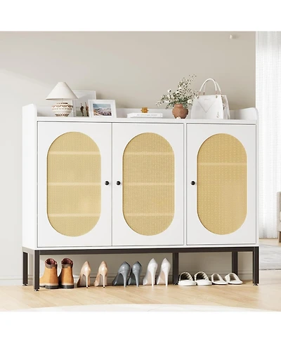 gaomon Freestanding shoe cabinet with 3 rattan doors, adjustable shelves, and 7-tier closed storage for entryway or hallway.