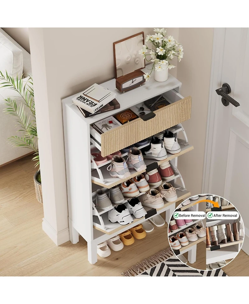 gaomon Slim farmhouse shoe storage cabinet with 2 flip drawers, fluted design, metal legs, and freestanding shoe rack for entryway.