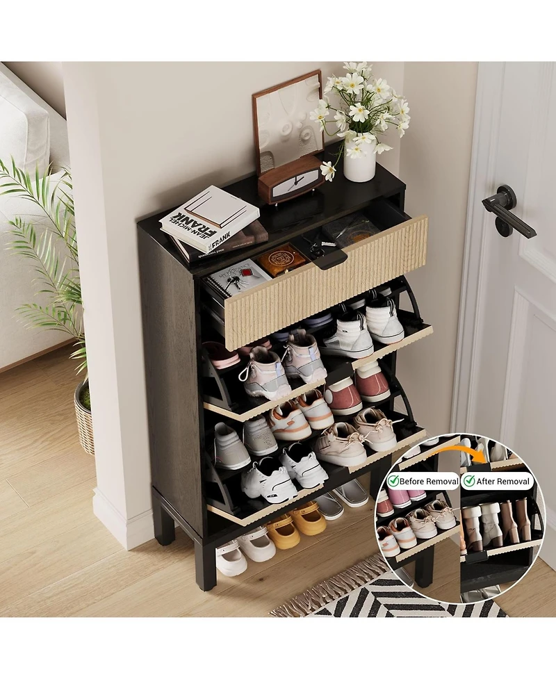 gaomon Slim farmhouse shoe storage cabinet with 2 flip drawers, fluted design, metal legs, and freestanding rack for entryway.