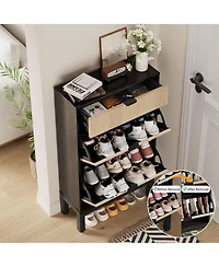 gaomon Slim farmhouse shoe storage cabinet with 2 flip drawers, fluted design, metal legs, and freestanding rack for entryway.
