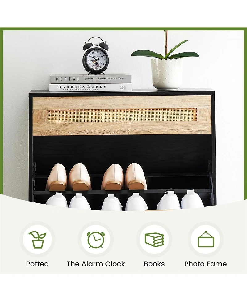 gaomon slim entryway shoe cabinet with 2 flip drawers, wooden organizer linen front panels, and a space-saving closed rack.