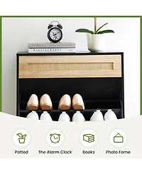 gaomon slim entryway shoe cabinet with 2 flip drawers, wooden organizer linen front panels, and a space-saving closed rack.