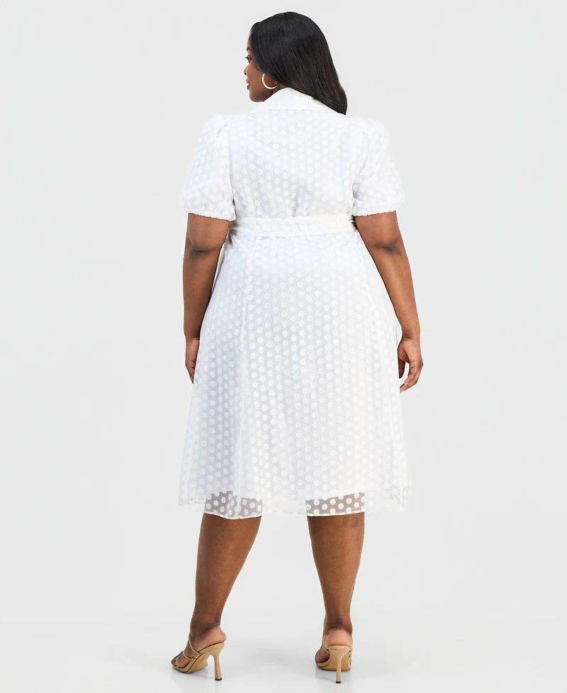Sandra Darren Plus Clip Dot Puff-Sleeve Midi Shirtdress