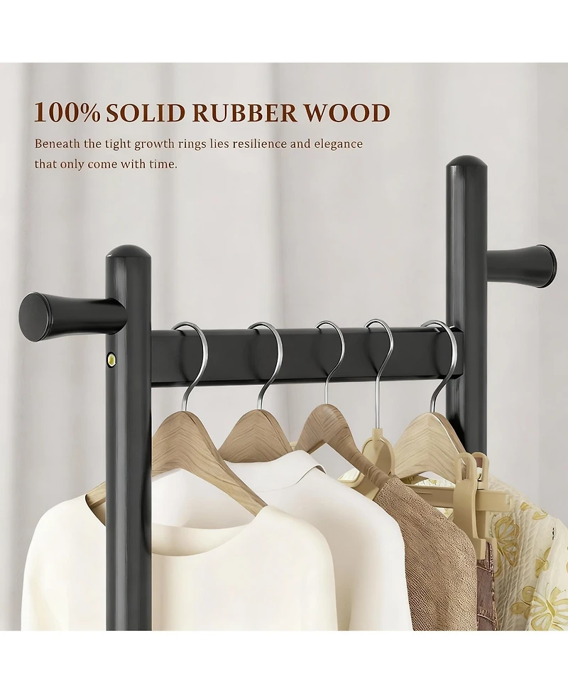 Yigii Solid Wood Freestanding Coat Rack with Wheels, 2 Shelves, 5 Hooks for Entryway,Silent Wheels for Easy Mobility