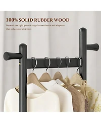 Yigii Solid Wood Freestanding Coat Rack with Wheels, 2 Shelves, 5 Hooks for Entryway,Silent Wheels for Easy Mobility