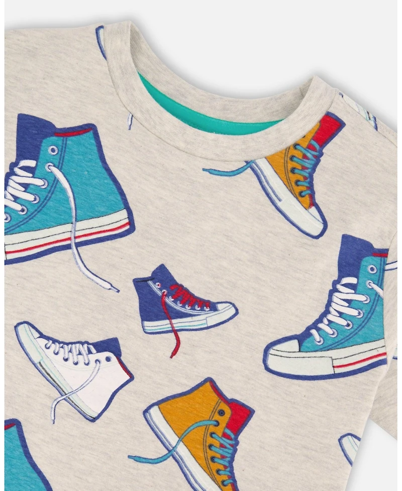 Deux par Boy Cotton Jersey T-Shirt Grey Mix Printed Shoes - Toddler Child