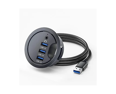 Risokeys 3-Port Usb 3.0 Desk Grommet Hub - with Audio Interface, 5Gbps Data Transfer, Desktop Splitter for Home/Office