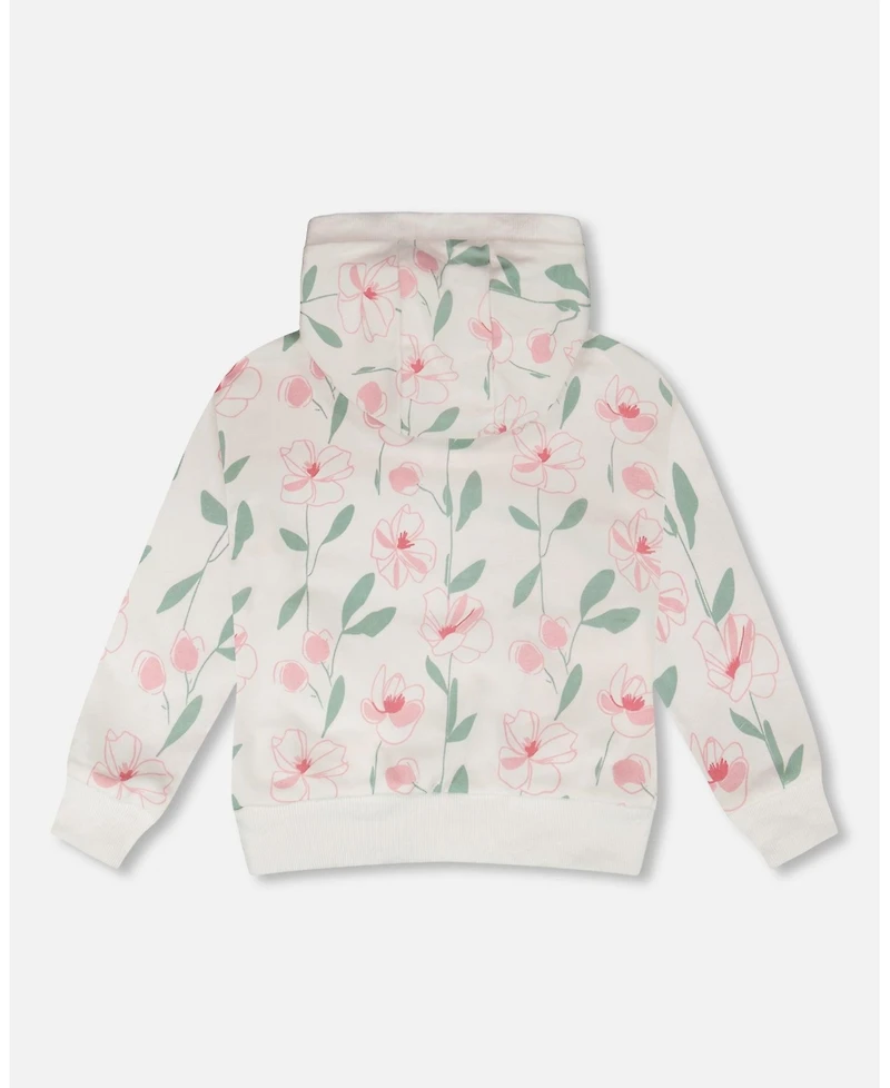 Deux par Toddler Girls French Terry Hoodie Off White Printed Flowers