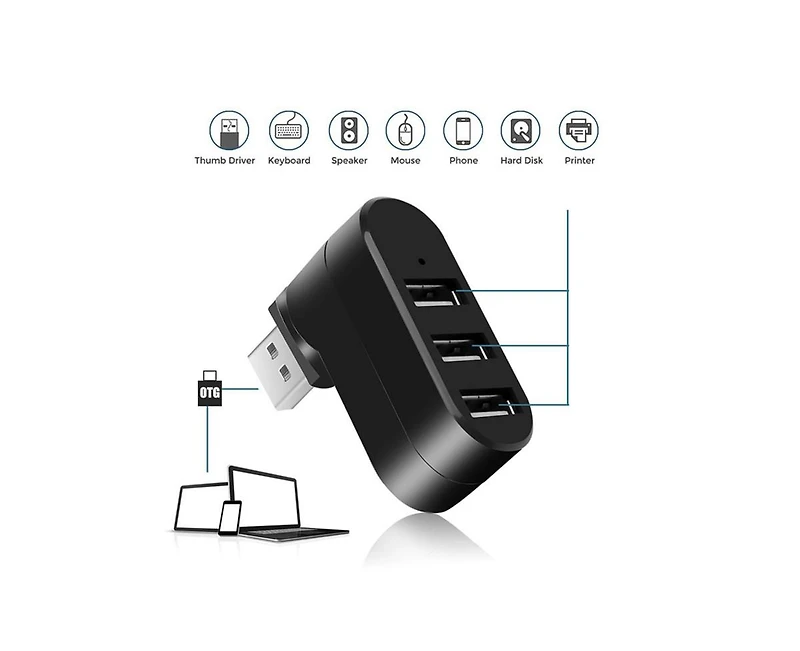 Risokeys Rotatable 3-Port Usb 2.0 Hub (90/180° Rotation) - with 480Mbps Speed,