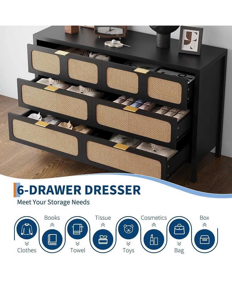 Gaomon 6 Drawers Dresser,Rattan Dresser with Metal Handles and Wood Legs