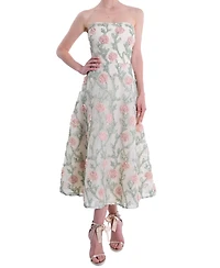 Marchesa Notte Women's Midi Strapless 3D Floral Embroidery Dress