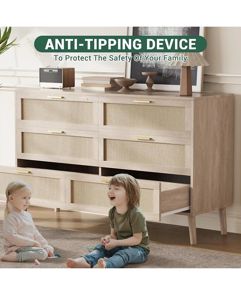 gaomon 6 Drawer Rattan Dresser, Rattan Chest of Dressers, Mid Century Modern Dresser for Closet with Handles, Large Table Top, Dressers Bedroom