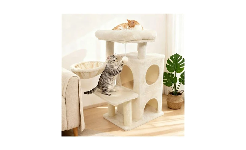 Aostirmotor Cat Tree with 2-Tier Cat Condo, 33.5-Inch Multi-Level Tower with Sisal Scratching Posts & Anti-Toppling Device, Beige
