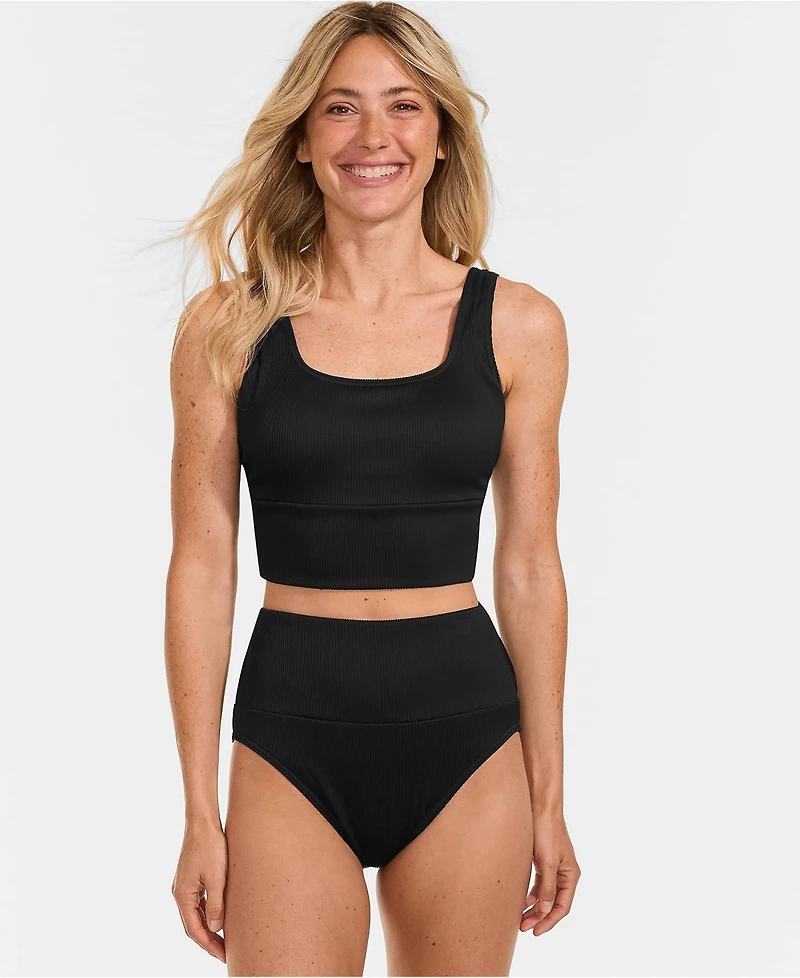 Lands' End Women's Tugless Ribbed Midkini and High Waisted Bottom Swimsuit Set