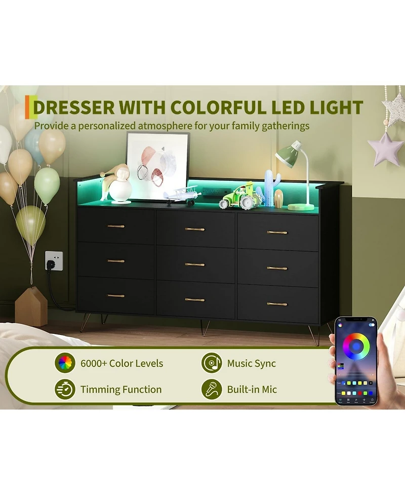 Gaomon 9 Drawer Wooden Dressers for Bedroom with Led Lights & Charging Station, Wood Chest of Drawers with App Control