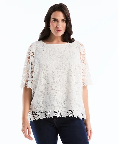 Rafaella Plus Scalloped Elbow-Sleeve Jewel Neck Lace Top