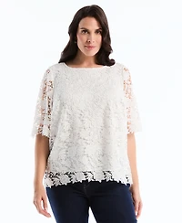 Rafaella Plus Scalloped Elbow-Sleeve Jewel Neck Lace Top