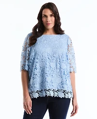 Rafaella Plus Scalloped Elbow-Sleeve Jewel Neck Lace Top