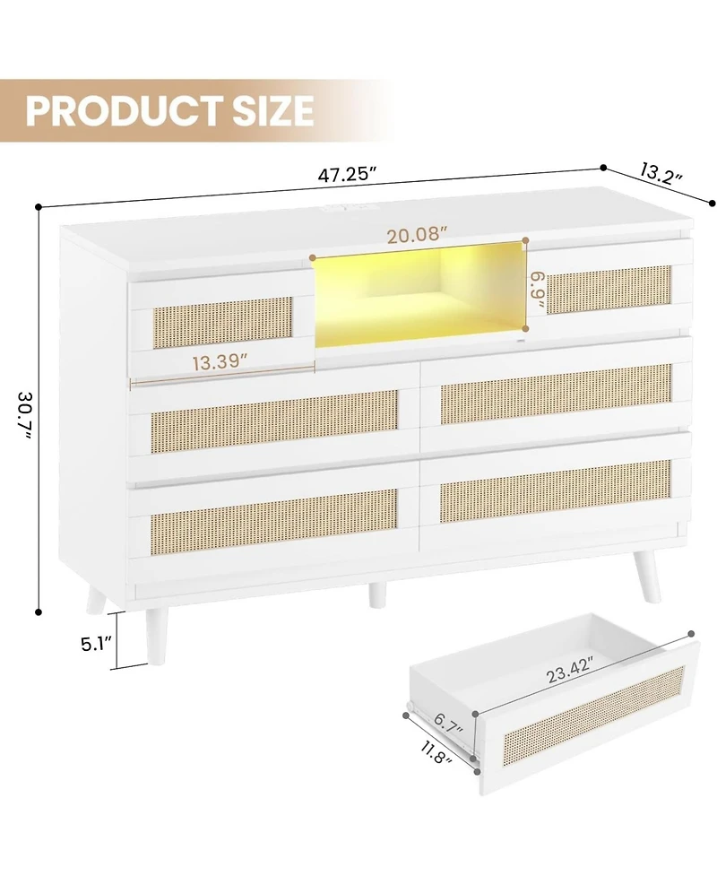 gaomon Rattan Wooden Dresser for Bedroom with 6 Drawers,47 Inch Wide Modern Dresser with Charging Station & Led Lights,Open Shelves,LivingBedroom