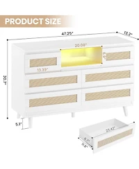 gaomon Rattan Wooden Dresser for Bedroom with 6 Drawers,47 Inch Wide Modern Dresser with Charging Station & Led Lights,Open Shelves,LivingBedroom