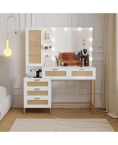 gaomon Vanity Benches, Modern Makeup Desk with Adjustable Mirror, Built Charging Station, 5 Drawers