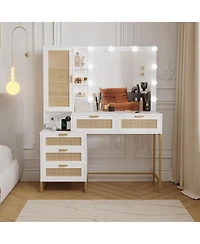 gaomon Vanity Benches, Modern Makeup Desk with Adjustable Mirror, Built Charging Station, 5 Drawers