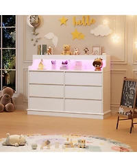 gaomon Dresser for Bedroom, 6 Drawer Dresser with Led Lights and Charging Station, Wide Chest of 6 Drawers with Open Space