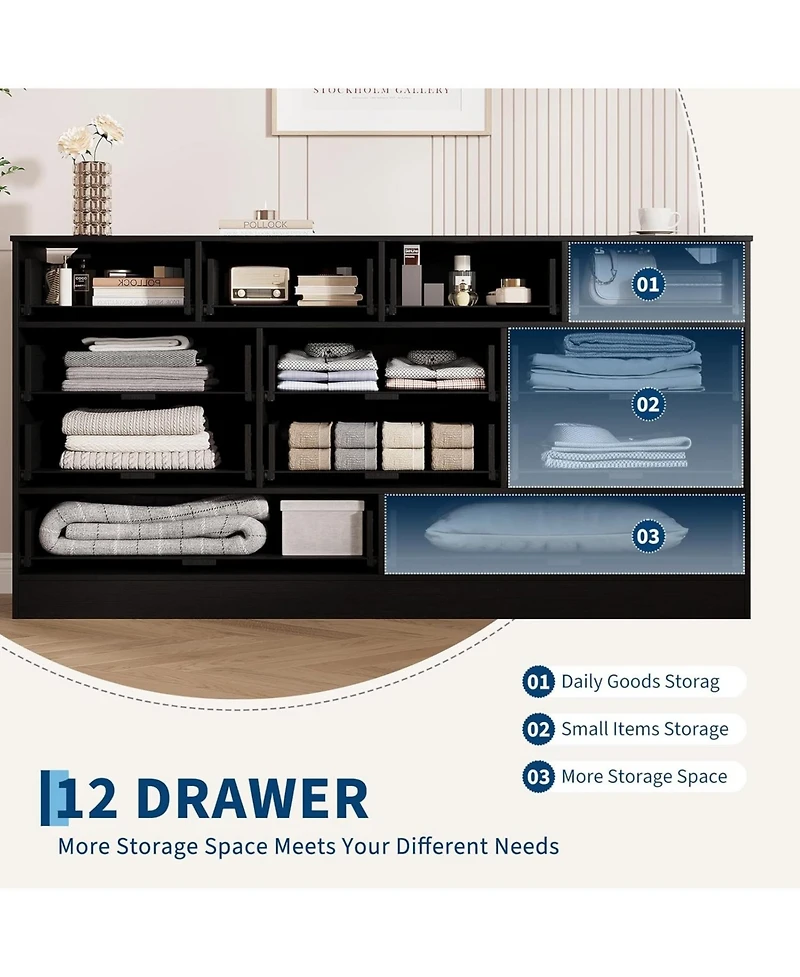 gaomon 12 Drawers Wooden Dressers for Bedroom, Wood Chest of Clothes Storage Organizer Living Room, Hallway, Modern Wide Tv Stand Dresser