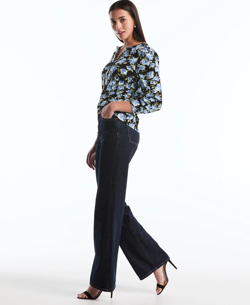 Rafaella Petite Floral Print Shirred Henley Neck Top