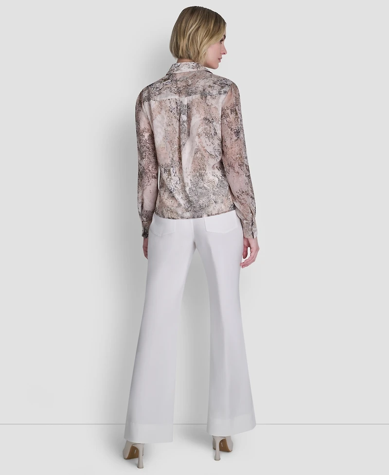 Dkny Women's Printed Ruffle Front Long-Sleeve Collared Blouse