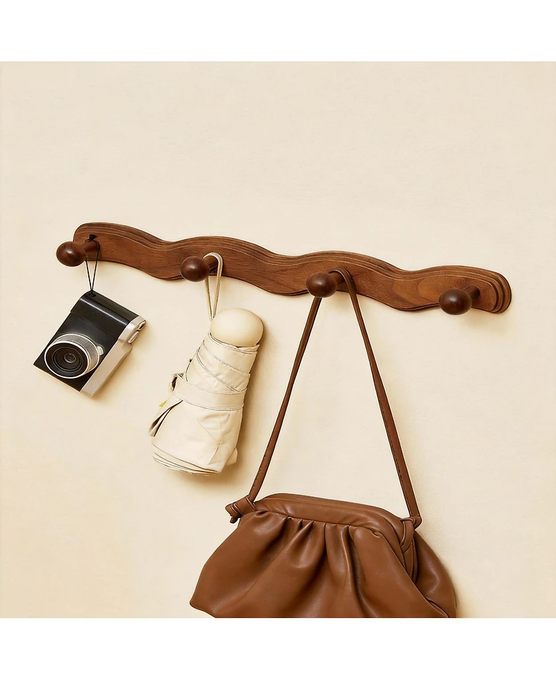 Yigii Wave-Shape Walnut Wood Coat Rack with 6 Hooks for Hats, Coats, Bags