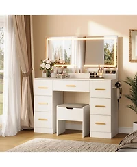 Gaomon 45.9" Wall-Mounted Vanity Desk with 8 Drawers & Lighted Mirror