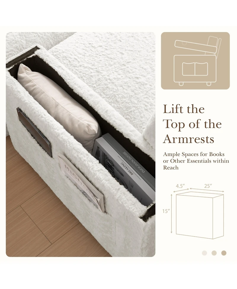 Boyel Living Faux Rabbit Fur Sofa with Storage Ottoman and Armrests,Cup Holders,Upholstered Sleeper Chair,Chaise Lounge,Reading