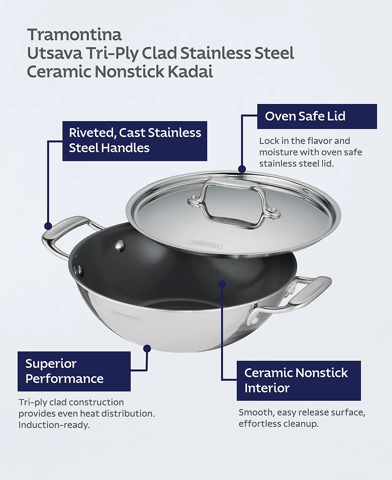 Tramontina Utsava Tri-Ply Clad Stainless Steel 3.75-Quart Covered Kadai