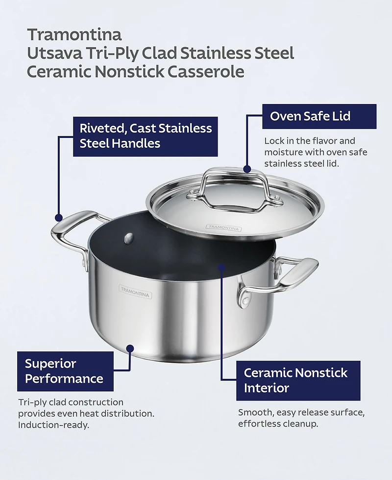 Tramontina Utsava Tri-Ply Clad Stainless Steel 5-Quart Covered Casserole