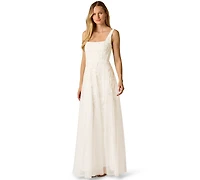 Adrianna Papell Women's Square Neck Sleeveless Beaded Gown