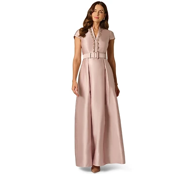 Adrianna Papell Women's Mikado Belt V-Neck Short-Sleeve Gown