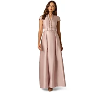 Adrianna Papell Women's Mikado Belt V-Neck Short-Sleeve Gown