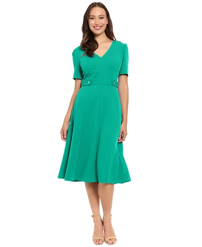 London Times Women's V-Neck Side Tab Midi Dress