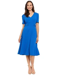 London Times Women's V-Neck Side Tab Midi Dress