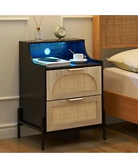 gaomon Rattan Night Stand, Black Nightstand with Charging Station, Modern Nightstand with Led Light and 2 Drawers